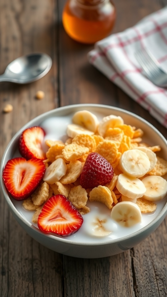 Homemade Corn Flakes Recipe A bowl of crispy corn flakes with fruits and milk on a rustic table.